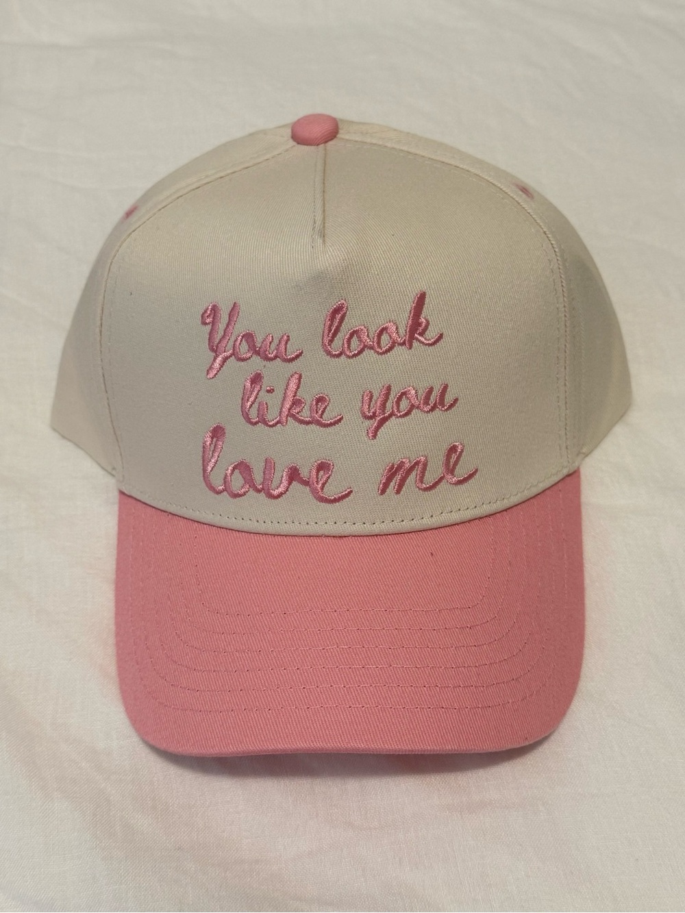 Embroidered Pink & Cream Hat  - 'You Look Like You Love Me'